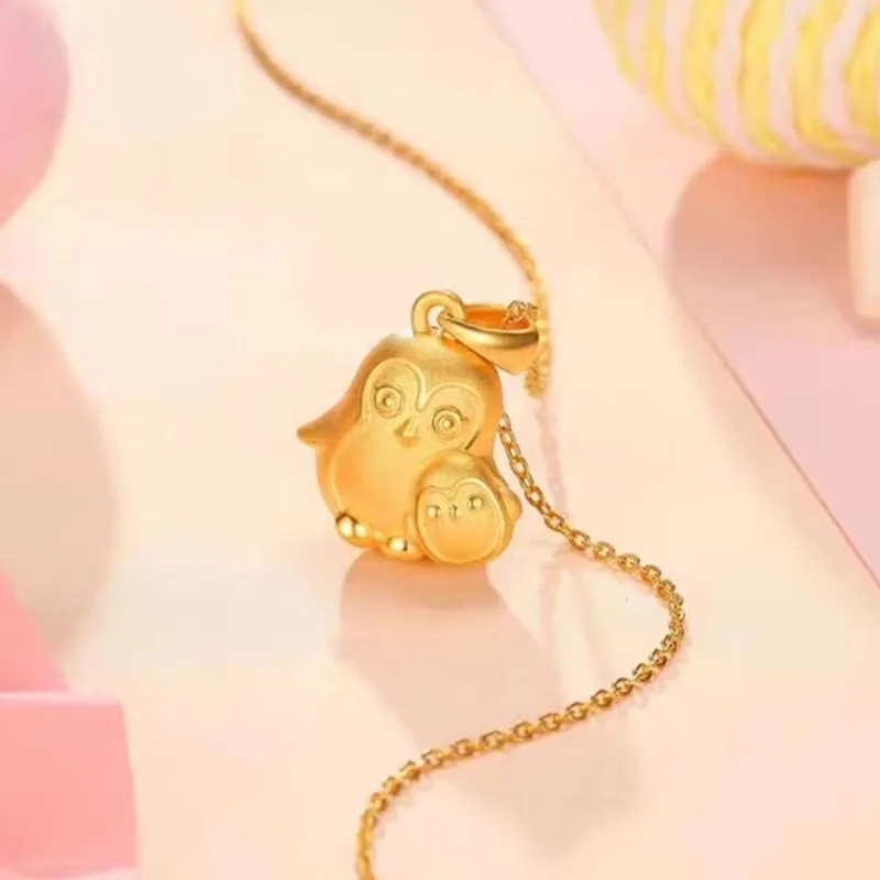 

Premium AU999 24K Full Gold 3D Mother Child Penguin Necklace for Women Cute Female Pendant Popular Birthday Gift