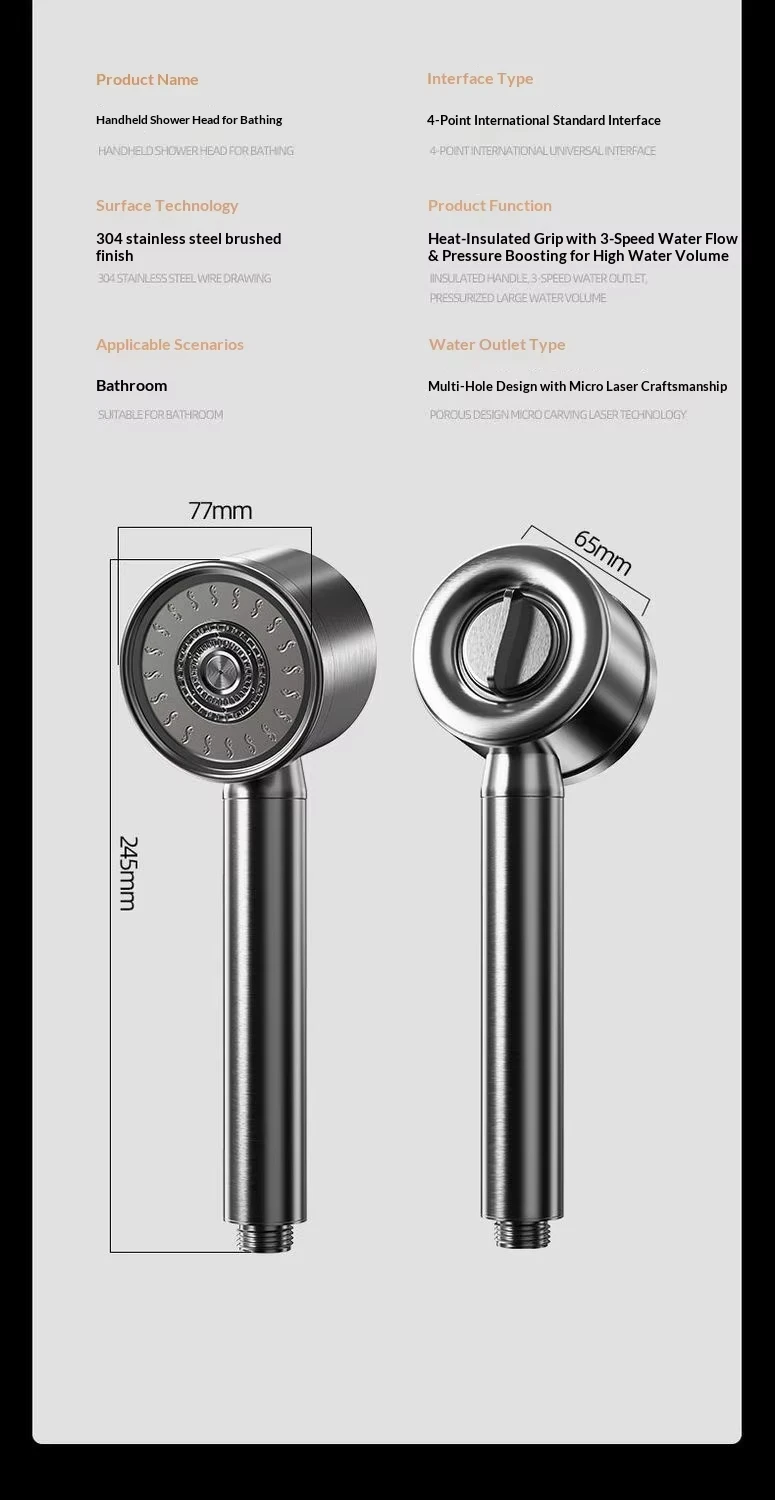 304 Stainless Steel High Pressure Filter Shower Head 3-Speed Large Flow Showerhead Shatter-Resistant Detachable for Bathroom