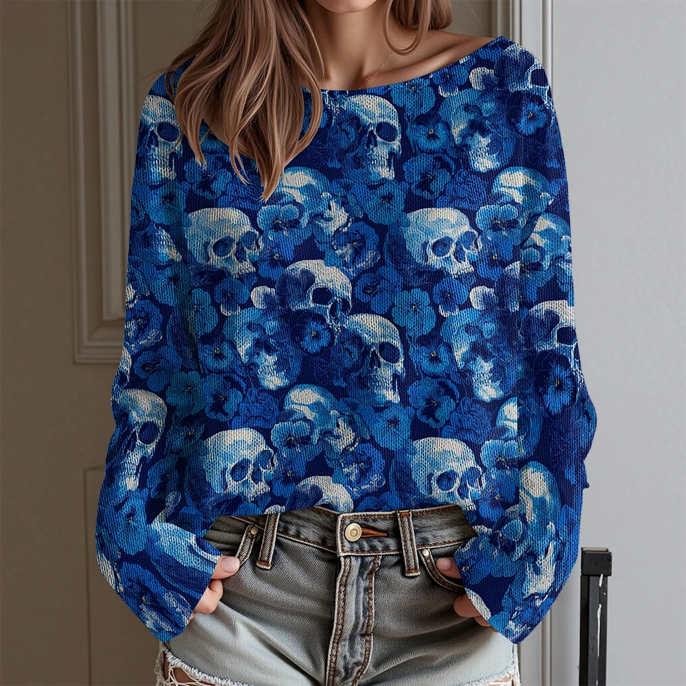 Kolorowa koszulka damska z odkrytymi ramionami i długim rękawem z nadrukiem czaszki i róży, jesienno-zimowa moda streetwear, seksowna bluza punkowa na Halloween.