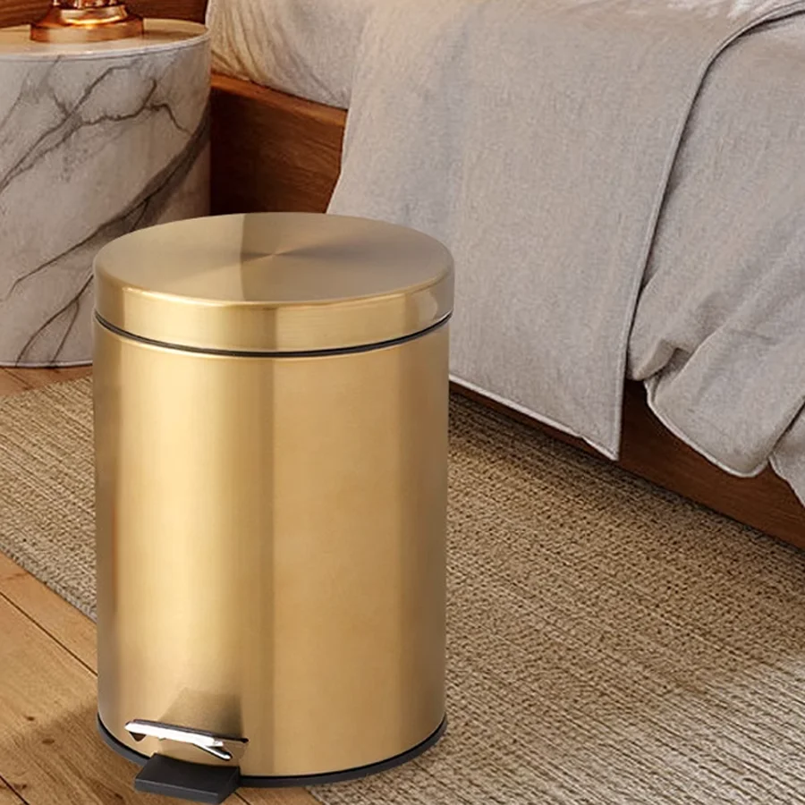 Metal 5L Flip Gold Trash Can Waterproof Garbage Foot Pedal Silent Trash Can Suit for Hotel Bathroom Dust Bin Kitchen Household