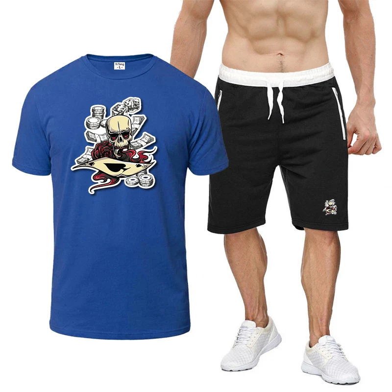 الجمجمة بوكر رقاقة نمط 2025 تيشيرت صيفي + السراويل الرياضية الشارع الشهير رقيقة بدلة رياضية الرجال جديد ثمانية ألوان قصيرة الأكمام مجموعة #3