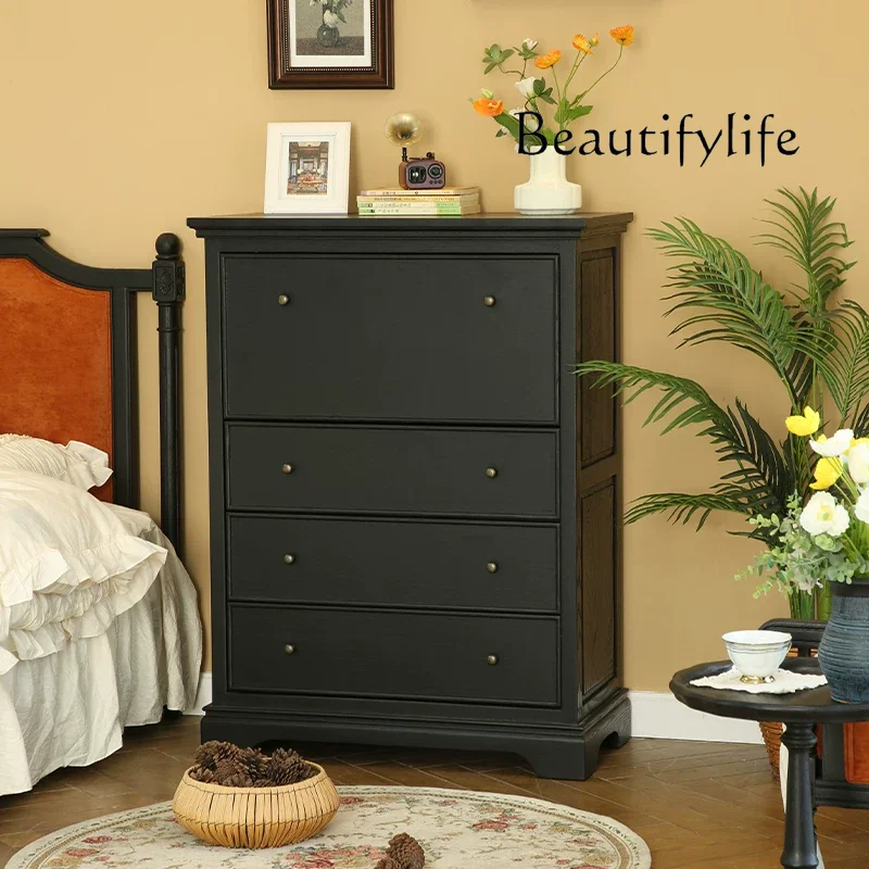 American solid wood flip desk integrated bedroom locker French retro black storage study