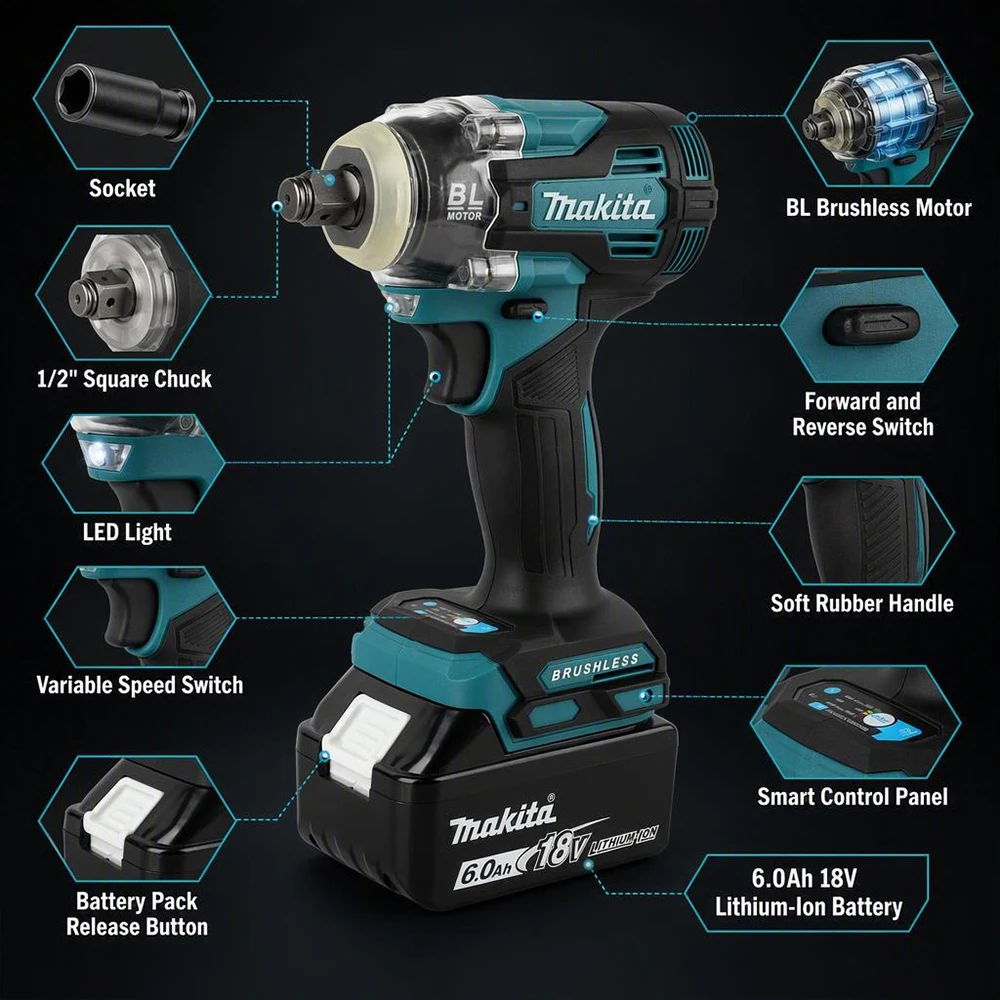 For Makita TW004G Cordless Impact Wrench, BL Brushless Motor,630N.m Max Torque,500W Output Power Handheld Power Tool