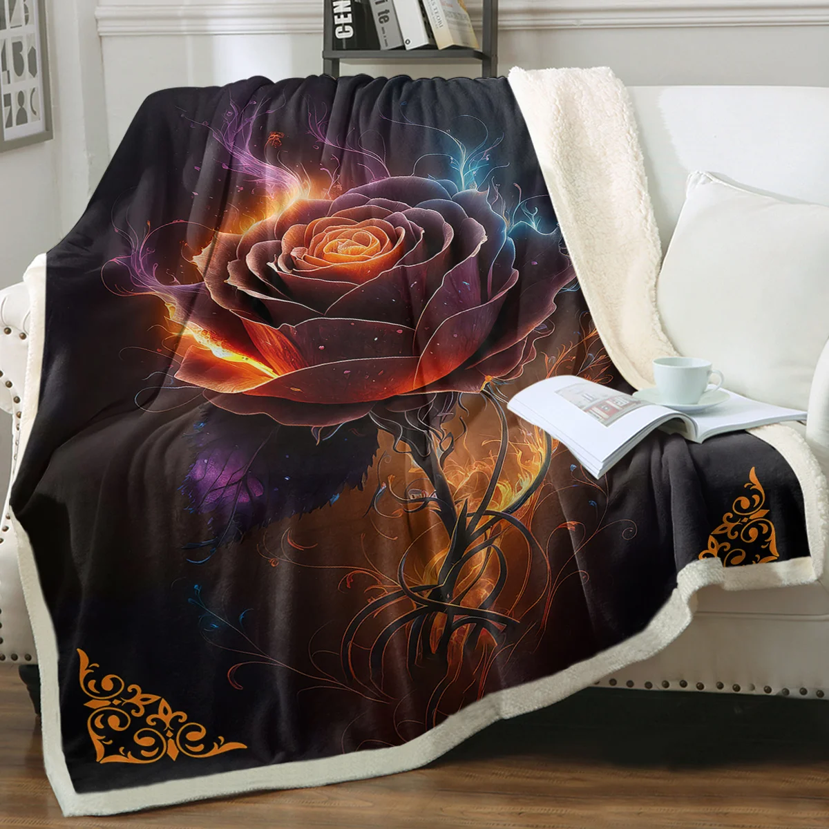 BeddingOutlet Rose Bathing Fire Print Sherpa Fleece Blanket Soft Warm Cozy Fluffy Night Floral Throw Blanket for Boys Girl Gifts