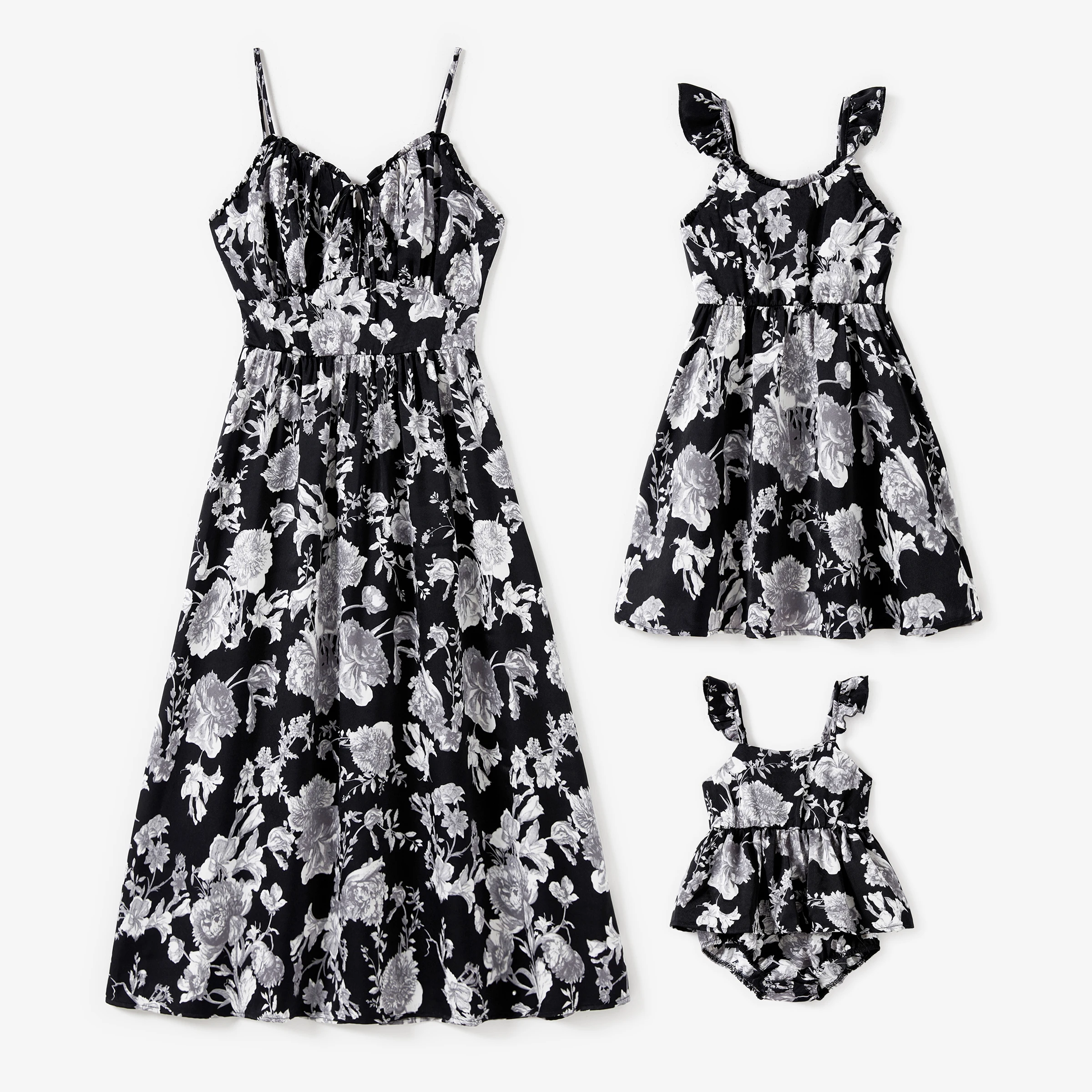 

PatPat Mommy and Me Black Floral Tie Neck Ruched Bust Sateen Slip Dress