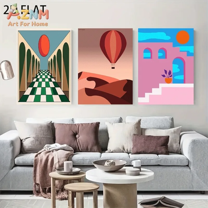 Geometric Desert Hot Air Balloon Canvas Wall Art 3pcs Retro Abstract Arch Building Unframed Canvas Print For Living Room Home De