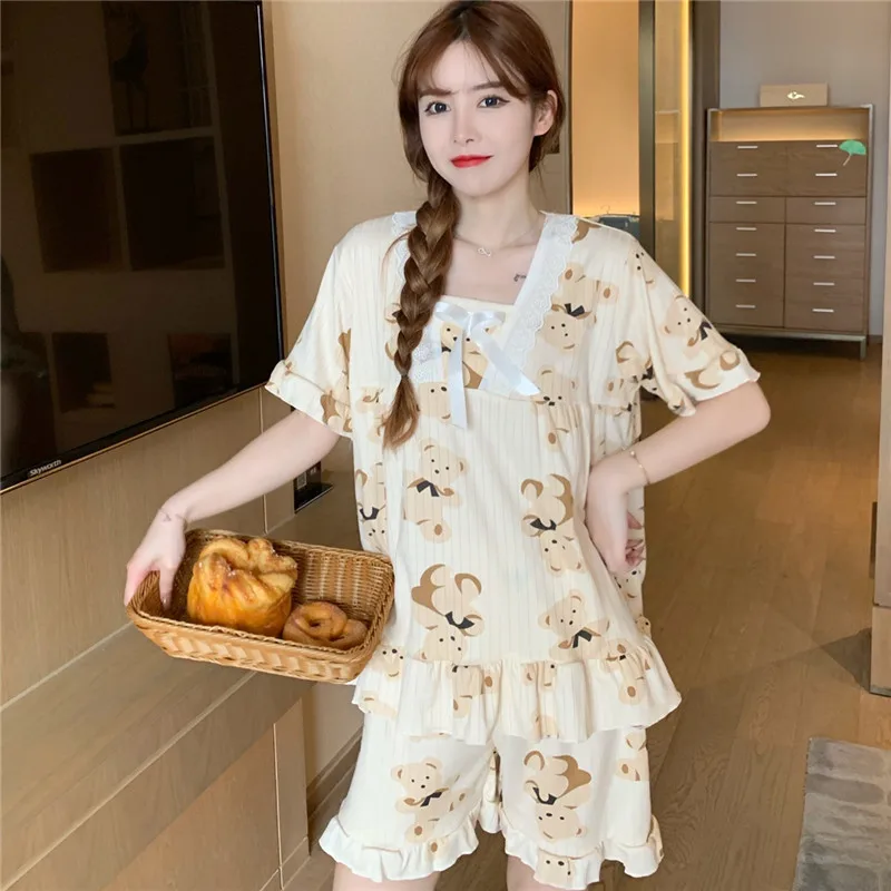 New Ladies Pajamas Women Summer Short-Sleeved Pyjamas Students Thin Section Lace Leisure Can Be Worn Outside the Home Clothing