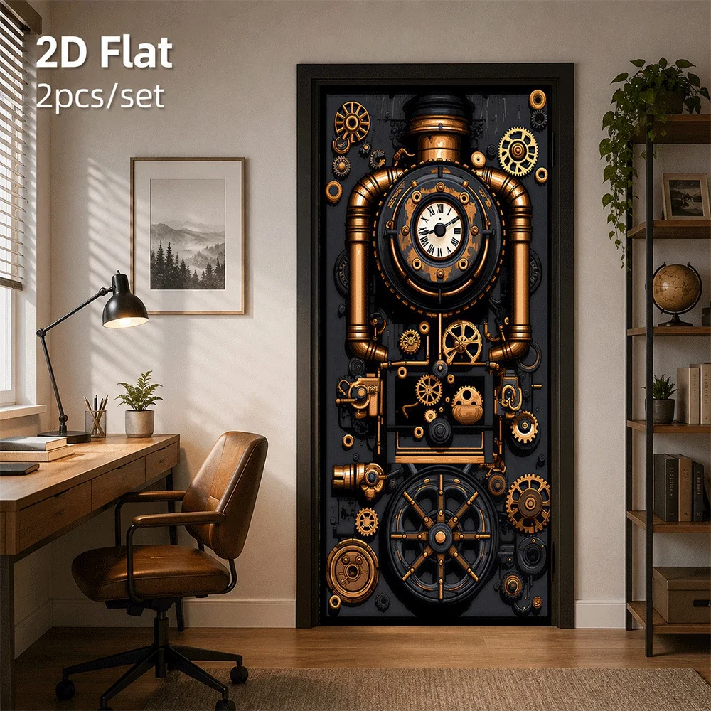 1 piece of steampunk style mechanical theme door sticker with retro gears and clock elements, unique artistic sense, home decora