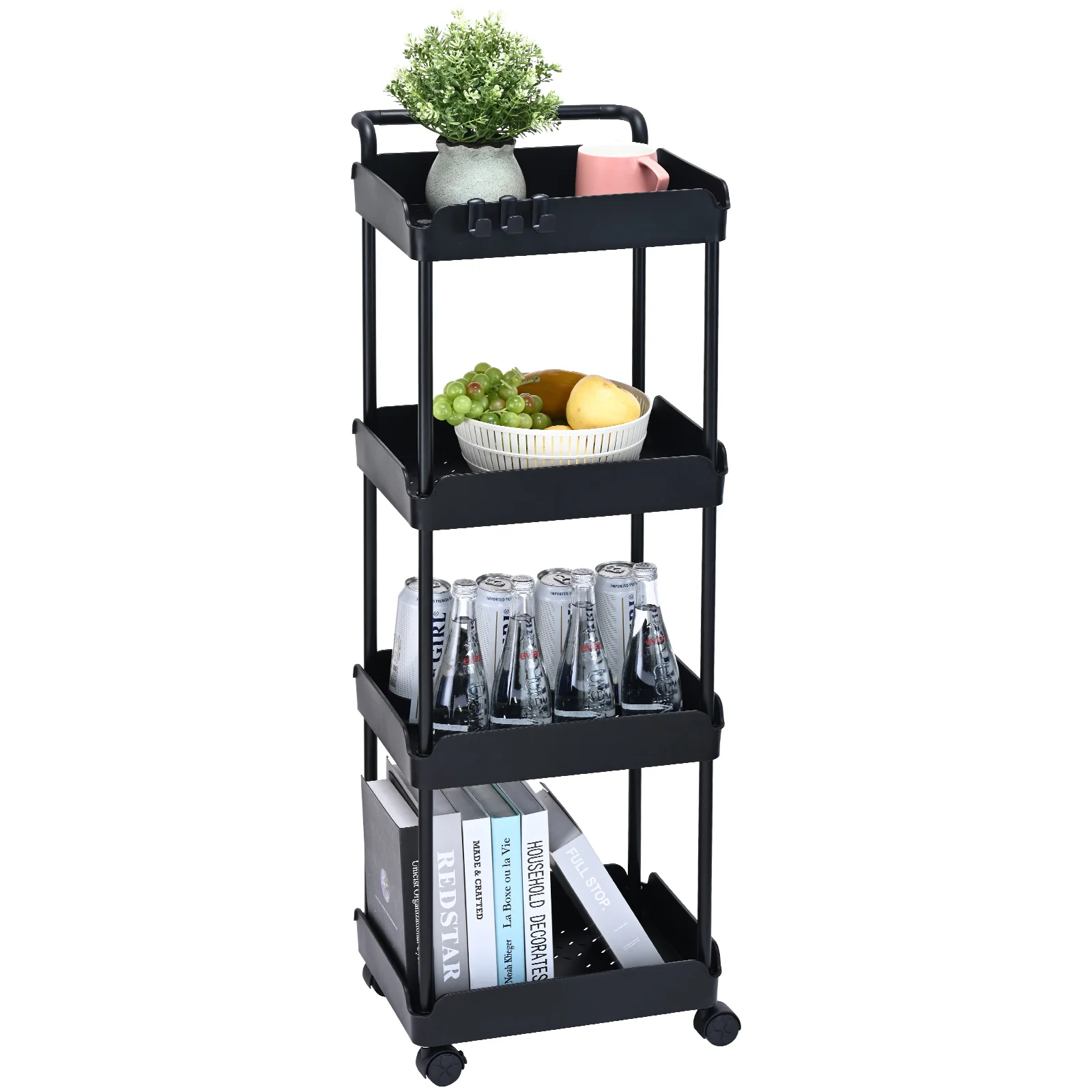 VEVOR 3/4-Tier Rolling Utility Cart with Handle Lockable Wheels Storage Trolley for Living Room Kitchen Movable Basket Shelves