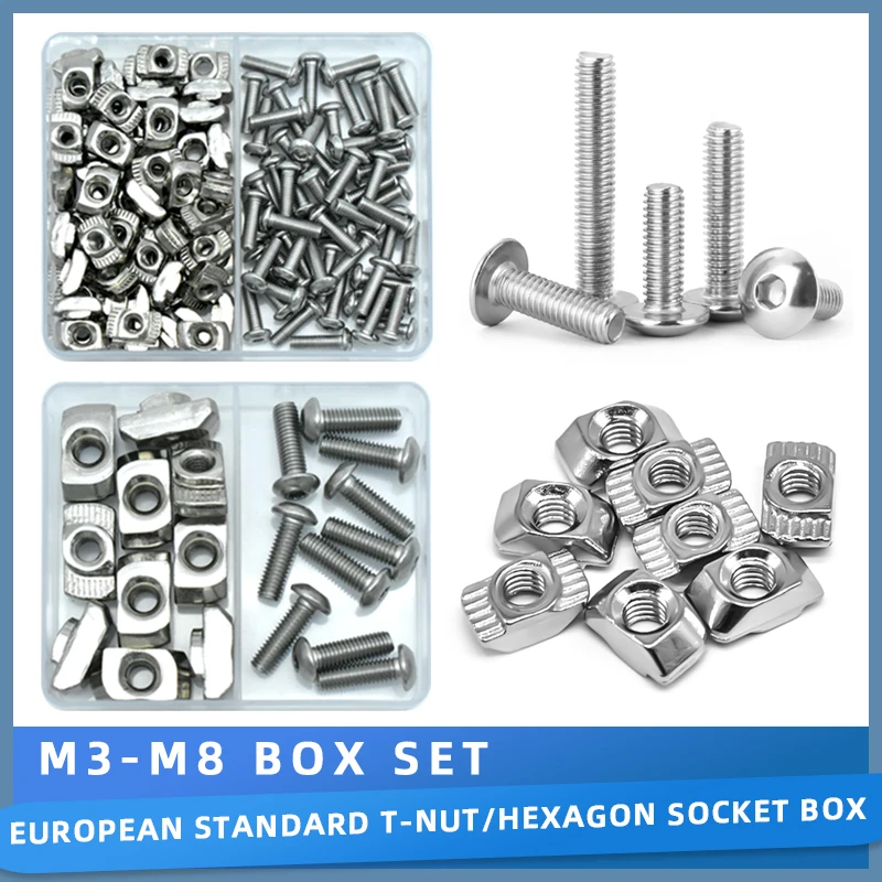 2020 3030 M3 M4 M5 M6 T-nut T Track Nut and Hex Bolt Set Hammer Head T Slot Sliding Nut Screw Kit for Aluminum Profile Connector
