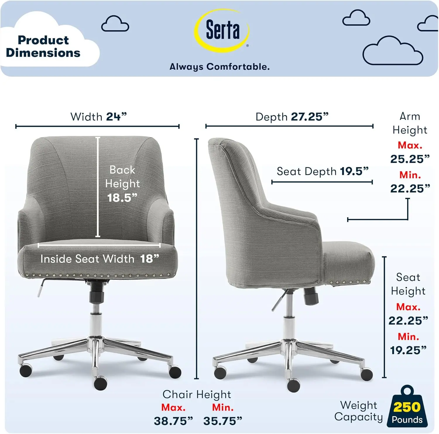 Leighton Home Office Memory Foam, Height-Adjustable Desk Accent Chair With Chrome-Finished Stainless-Steel Base, Medium Gray