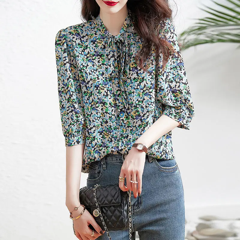 Korean Elegant Floral Button Shirt Women\'s Clothing 2023 Casual Summer Fashion Vintage Lacing Female Half Sleeve Chiffon Blouse