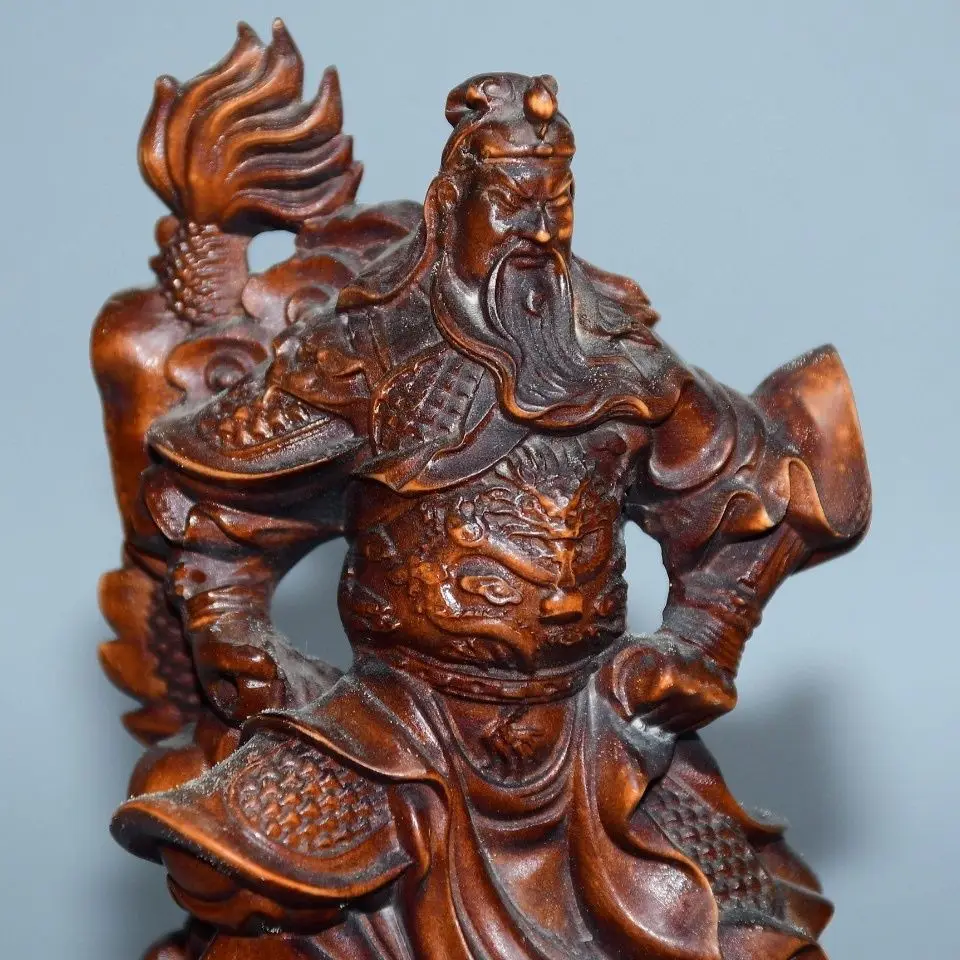 Hand Carved Wood Dragon subduing guan gong Statue Figurine Desktop Ornaments Home Decoration