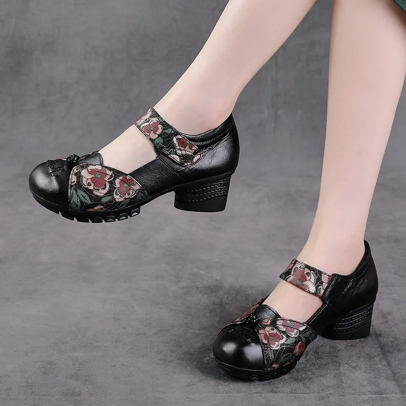 XT Cowhide Summer Low-Heeled Casual Women\'s Shoes Ethnic Style Women\'s  Shoes Color Matching Comfortable Soft-Soled Mother shoe