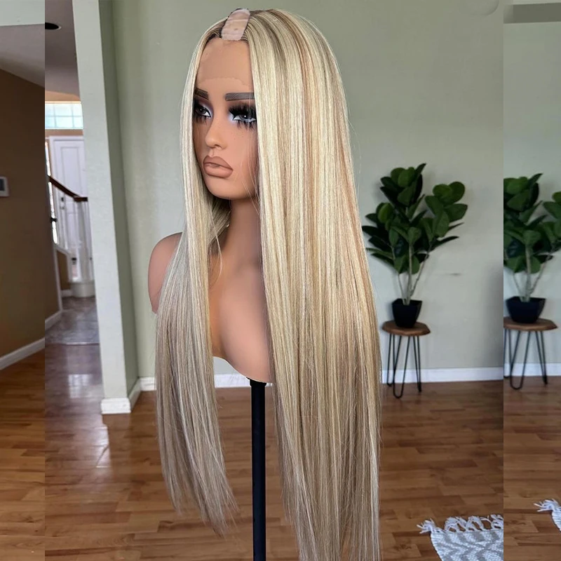 Top Quality Inside Virgin Human Hair Opening V Part Wigs Silky Straight Soft Highlight white blonde Brown Wigs for all women