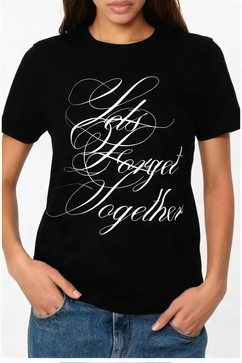 Y2K Women 100% Cotton Casual Top Elegant Script Let's Forget Together Print Crew Neck Fashion Daily Short Sleeve T-shirt