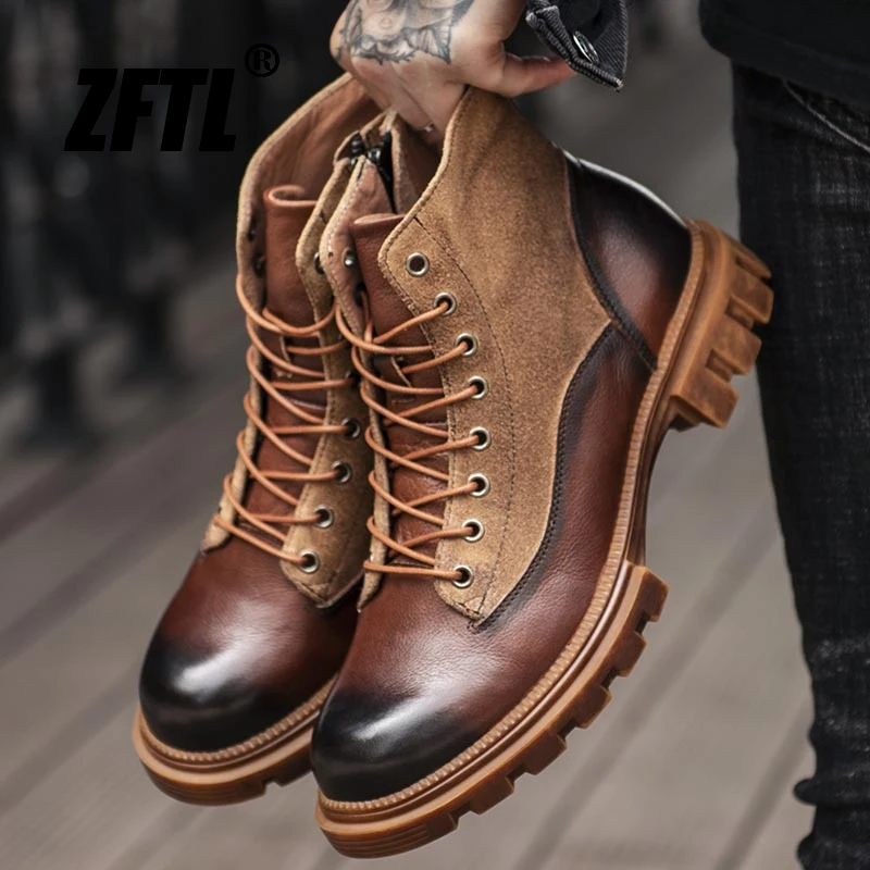 ZFTL Men\'s Casual Basic Boots Tooling Boots Man Ankle Boots Outdoor Genuine leather fabric with non-slip sole Vintage Brown 2023