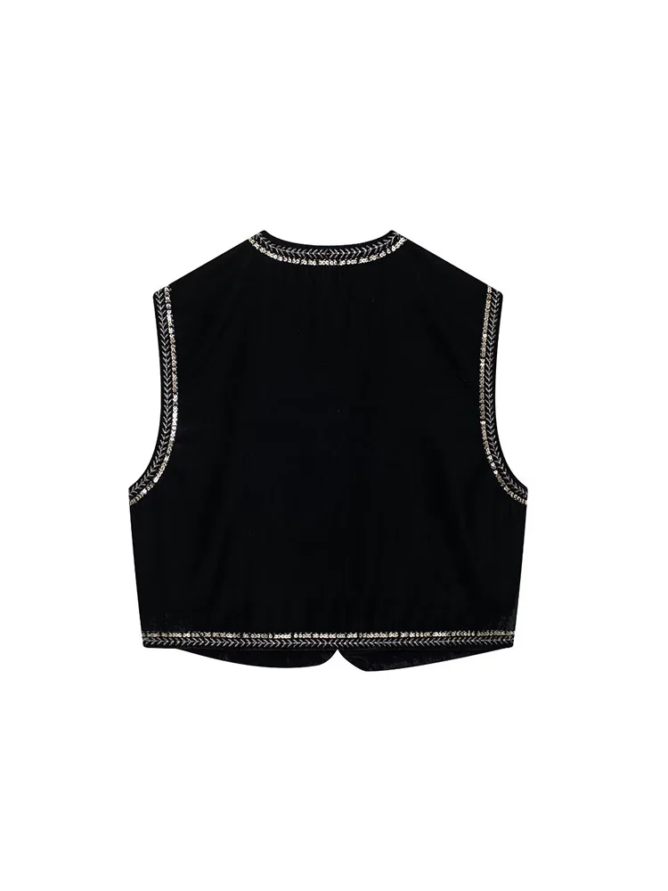 SIYANG Women Vintage Chic Velvet Embroidered Sequined Waistcoat Female Open Stitch Sleeveless Top Ladies Vest Streetwear