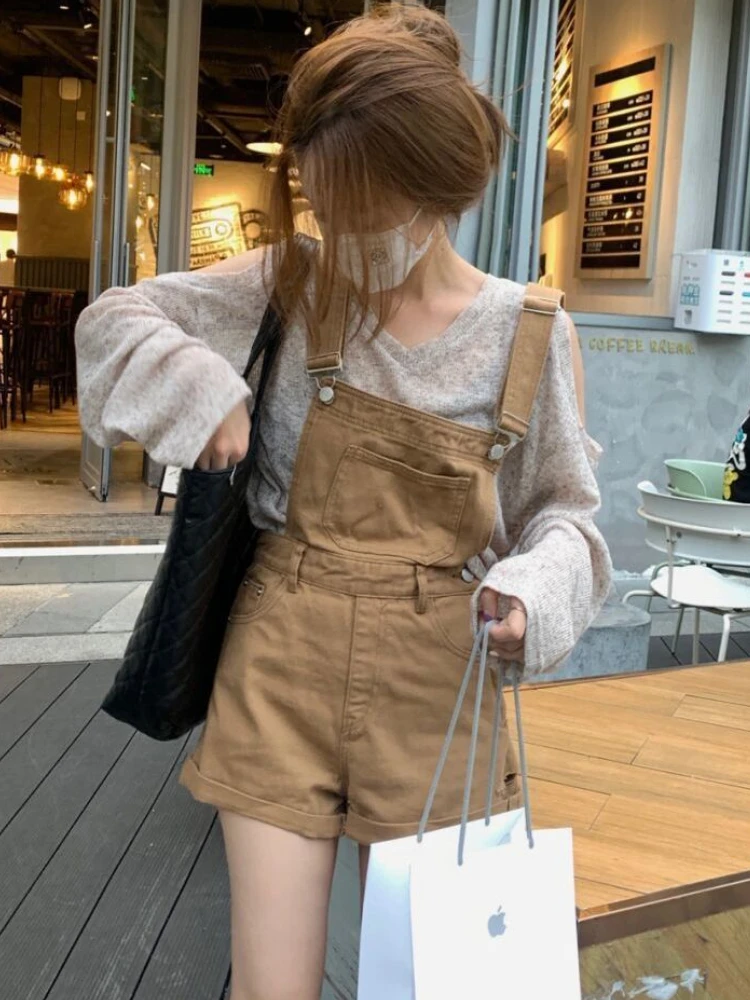 Khaki Playsuits Women Denim Summer Simple All-match Korean Style Vintage Ins Casual College Chic Wide Leg Loose Rompers Ulzzang