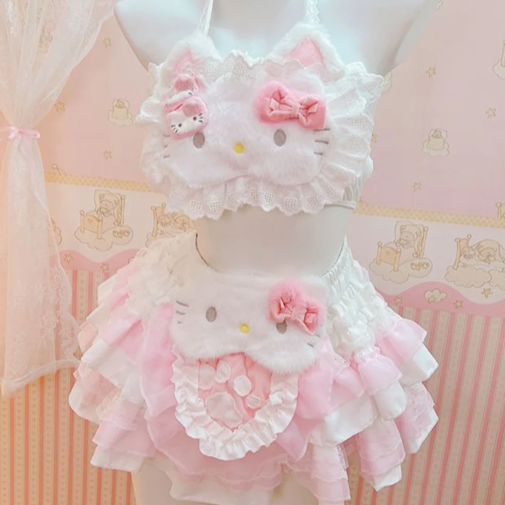 

Kawaii Hello Kitty Fur Strap Tops Ruffle Shorts for Women's Cute Lolita Lace Skirt Underwear Y2K Girls Aesthetic Role Playing