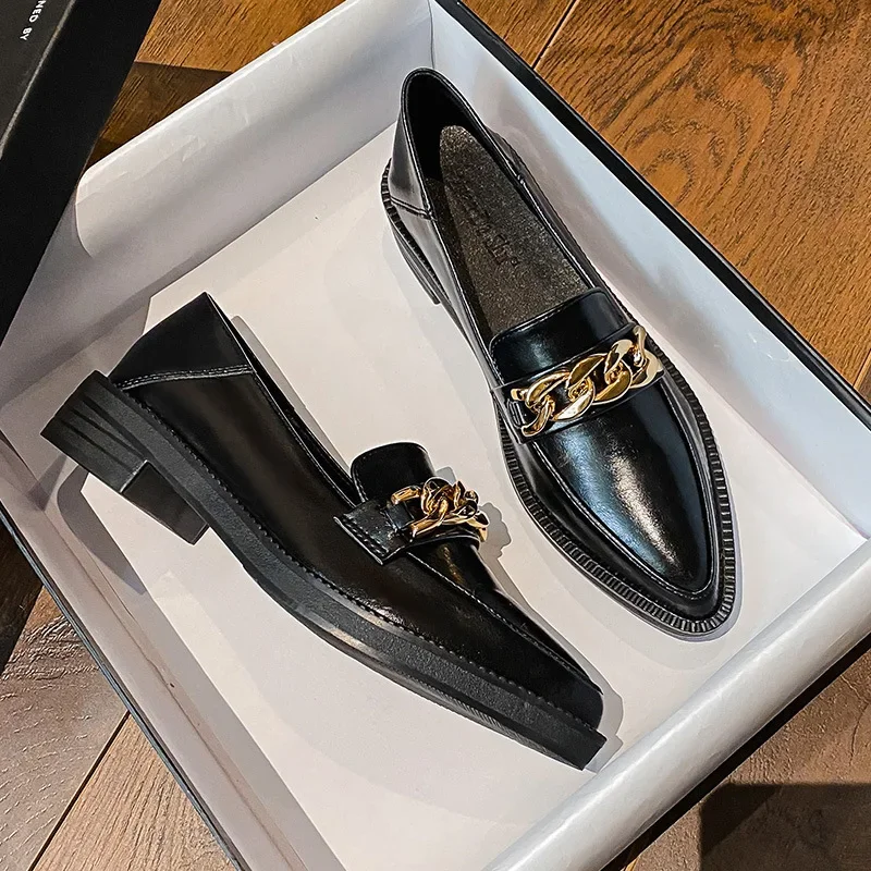 Plus Size 42 Oxford Shoes Woman Loafers 2024 Leather Flats Chains Sneakers Trend Girls Lolita Medium Heels Flats Spring