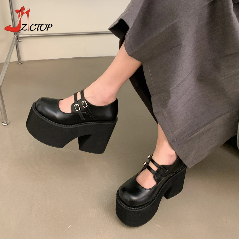 

Black Lolita Platform Shoes Women Chunky High Heels Japanese College Style Double Buckle Strap Mary Janes Cosplay Pumps Size 40