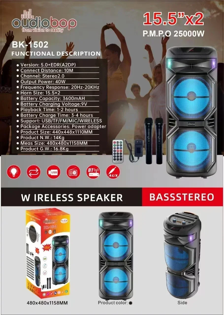 

15inch Subwoofer Speaker Wireless Microphone Big Box Dj Party Speaker Home Theatre System For Outdoor