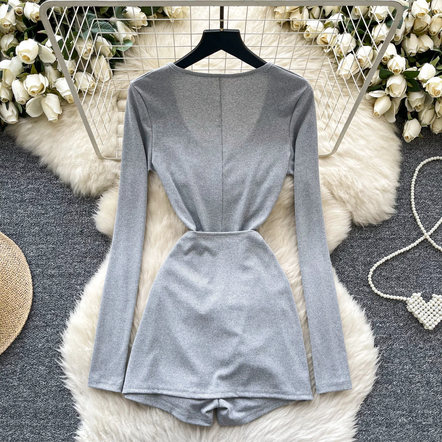 Женский летний осенний серый бандажный комбинезон, женский дизайн, модный тонкий комбинезон, боди, модная элегантная уличная одежда