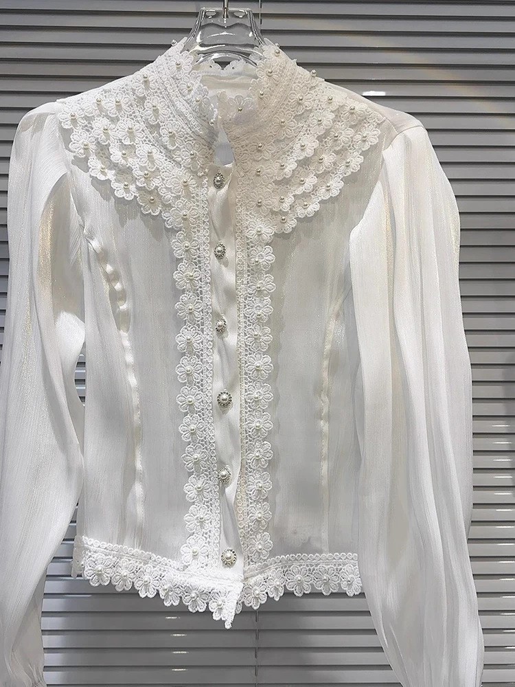 HIGH STREET New Fashion 2024 Designer Blouse Shirt Women's Pearl Lace Crochet Shirt Shirt