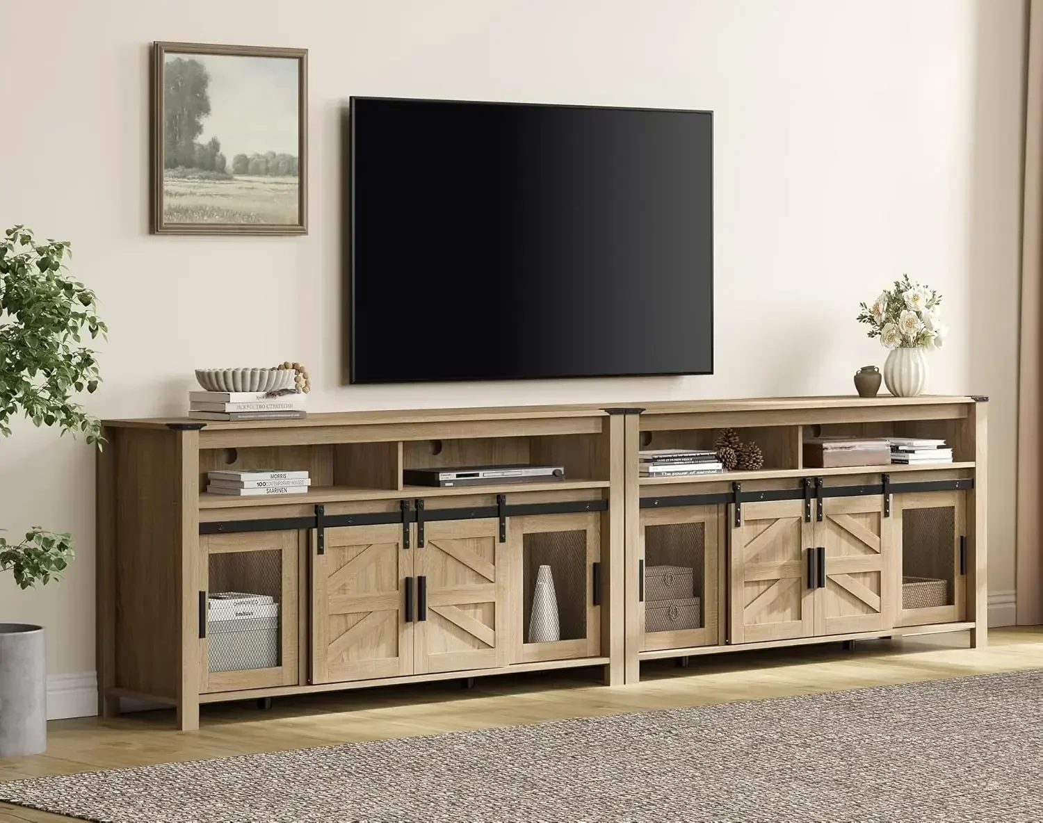 

Набор из 2 подставок для телевизора в фермерском доме с сеткой и дверцами для телевизора 100+ дюймов, развлекательный центр из светлого дуба 118 дюймов с открытой полкой для хранения