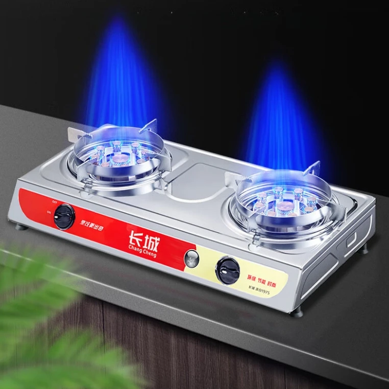 موقد غاز مزدوج الموقد على الطاولة، مطبخ منزلي، موفر للطاقة، حريق عالي الطاقة لـ LPG NG