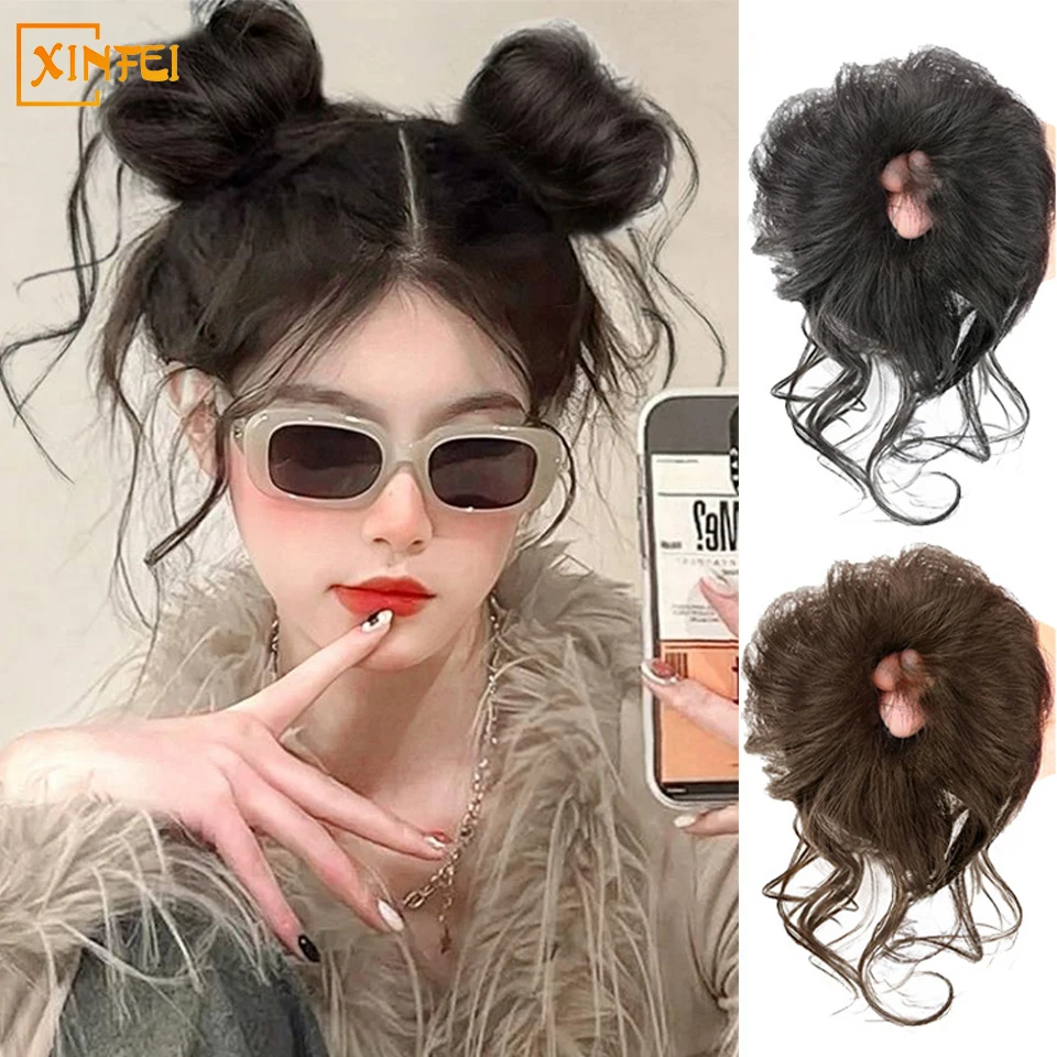 Synthetic Wig Chignon Female Dragon Beard Double Ball Head Hairstyle Natural Fluffy Cute Girl Wig Chignon