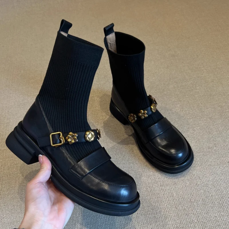 

2025 Elastic Short Boots Retro College Style Knitted Slim Boots Women's Versatile Loafers Sock Boots Leather Boots