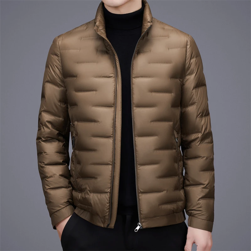 2025 Autumn/Winter Lightweight Men's Warm Solid Color Duck Down Jackets Slim Fit Stand Collar Puffer Coats Outwear Windproof Top