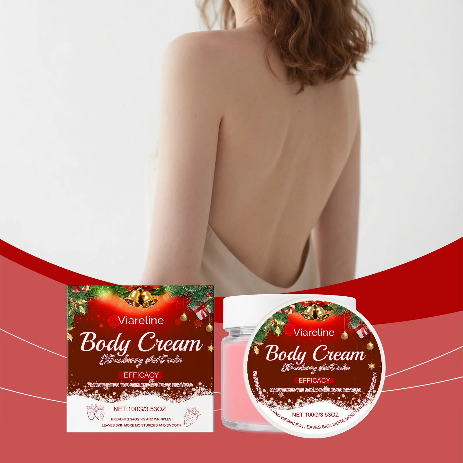 Erdbeergeschmack, nährende, feuchtigkeitsspendende, feuchtigkeitsspendende Körpercreme, feuchtigkeitsspendende, weichmachende, straffende, straffende Haut, straffende Hautton