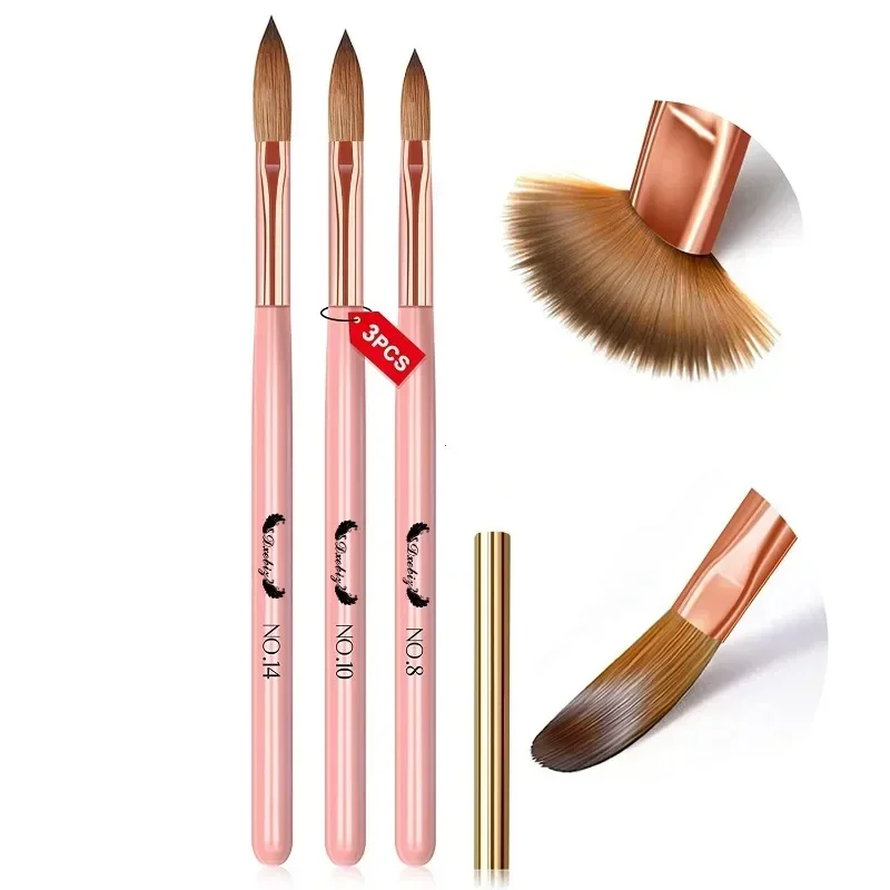 3PCS Acrylic Nail Brush Set - Size 8/10/14 Acrylic Nail Brushes for Acrylic Application, Pink Handle Professional Acrylic Powde