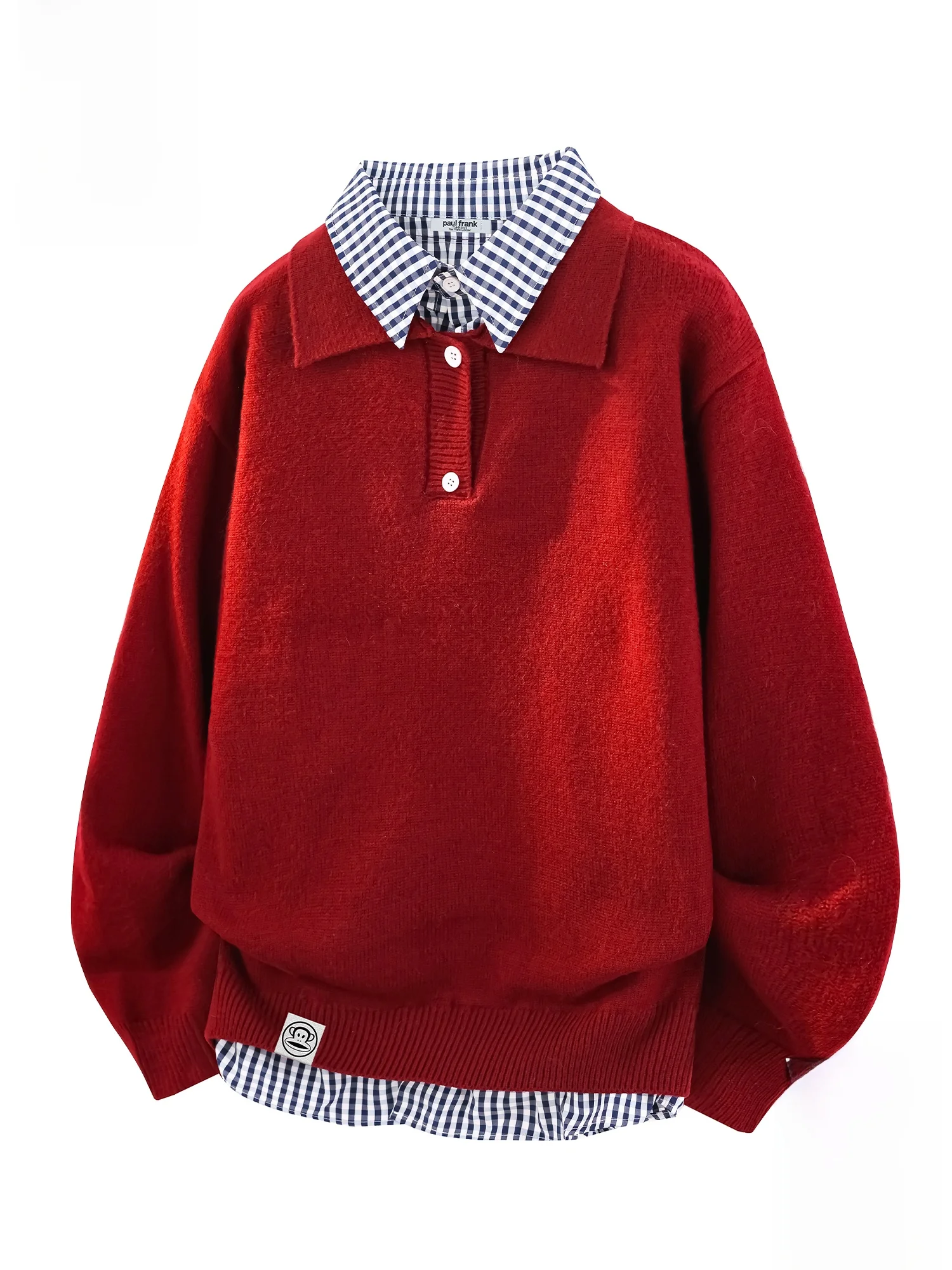 

Мужской свитер Paul Frank High-End Feeling с эффектом двухслойности, весенний, красный, в клетку, с воротником, комфортный, повседневный