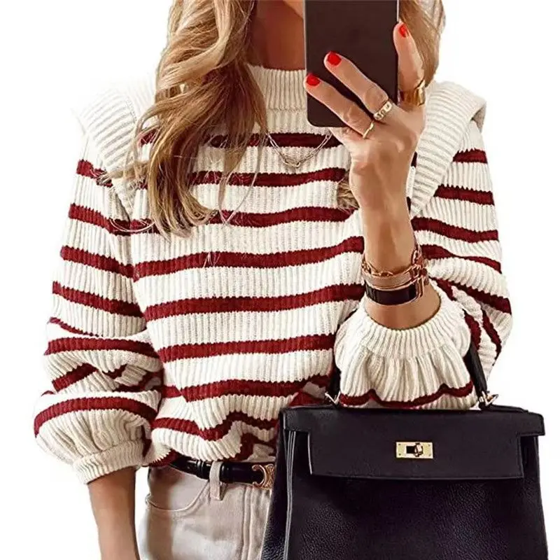 

Women Striped Knit Sweaters Round Neck Puff Sleeve Tops Straight Thick Sweater Casual Splice Pullovers Ladies Winter 2024