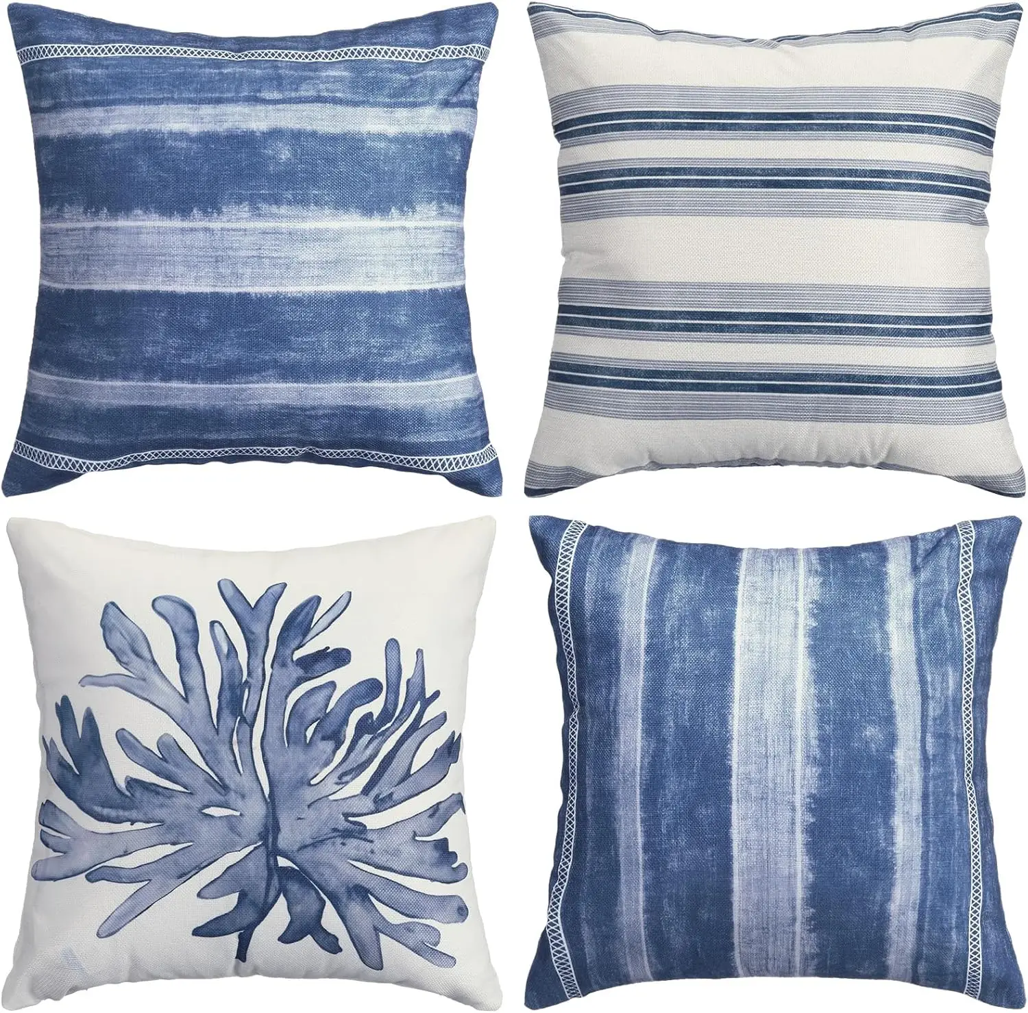 

4Pcs Nautical Throw Pillow Covers,Blue White Striped and Coral Print Cushion Cases for Patio Bench Balcony Outdoor Seating Decor