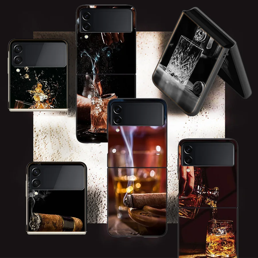 Strong Whiskey With Cigarettes Phone For Samsung Galaxy Z Flip 5 4 3 5G Case Luxury Cover Z Flip 6 5G Black Cases Shell PC Funda