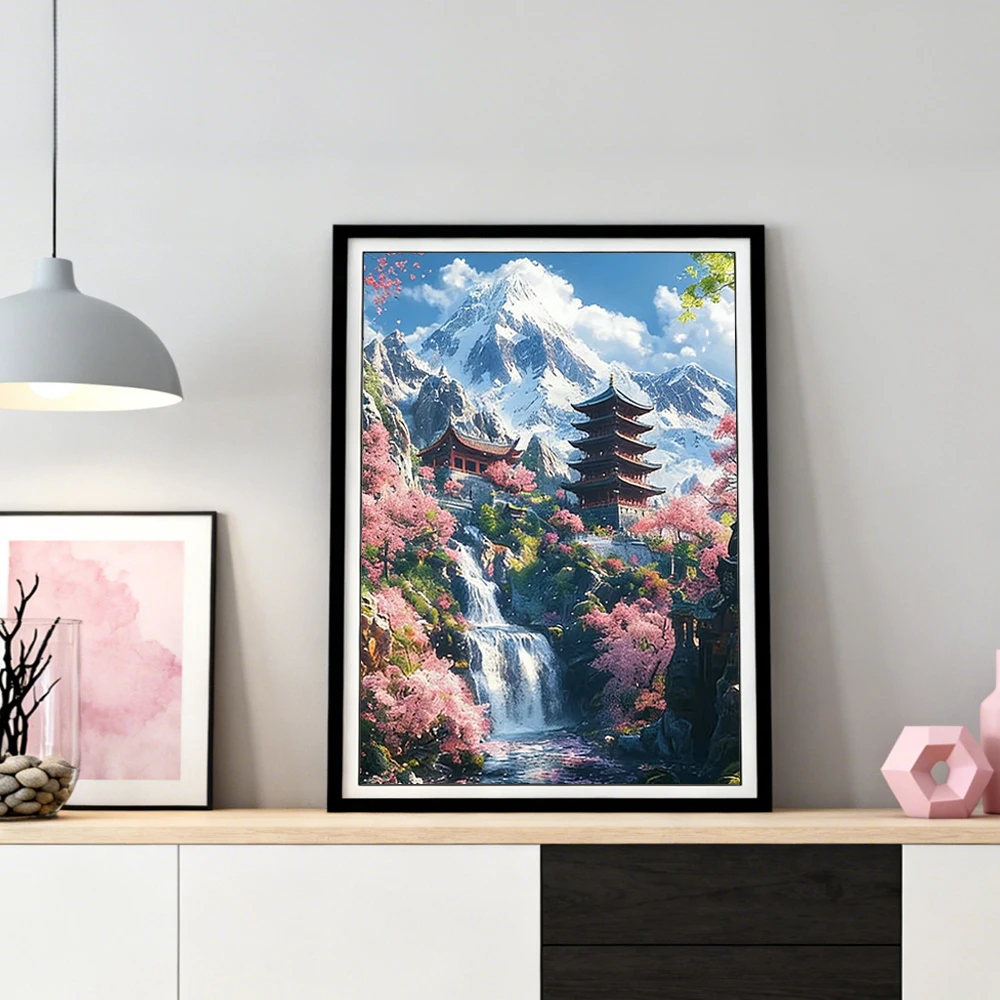 

Diamond Painting Sale Mountain Landscape Waterfall Diamond Art Square Mosaic Cherry Blossom House Gift Handicrafts