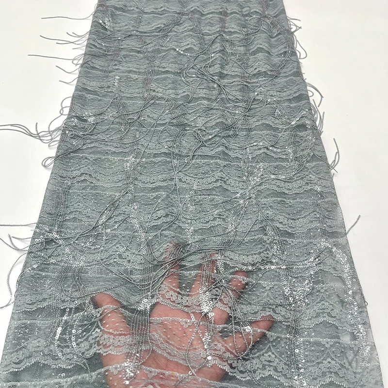 قماش قاعدة من قماش الدانتيل الفرنسي عالي الجودة، تطريز خرز شرابة عصرية أفريقية، نسيج قماش مطرز بالترتر الرمادي