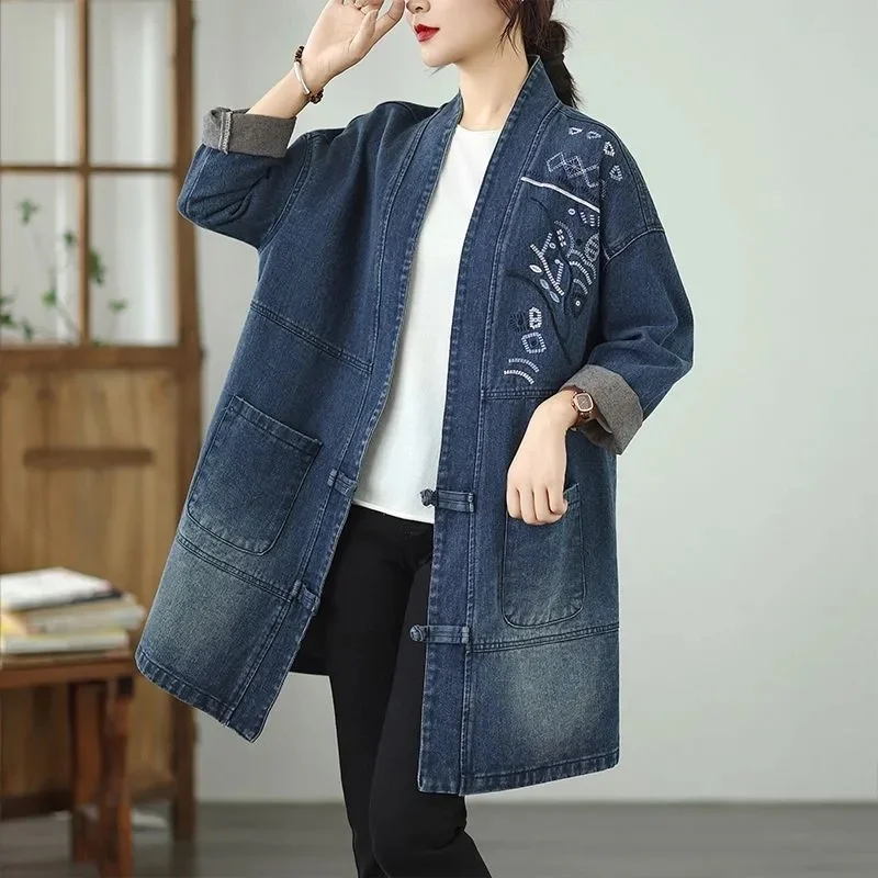 Artistic Retro Embroidery Denim Jacket, Autumn And Winter New Styles,Loose Medium Long Windbreaker Cardigan, Buttoned Top w1450