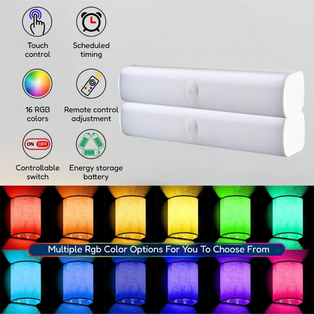 مجموعة مصابيح حائط تعمل بالبطارية مكونة من 2، مصباح حائط من القماش قابل للتعتيم بـ 16 لونًا RGB مع جهاز تحكم عن بعد ومفتاح لممر غرفة النوم