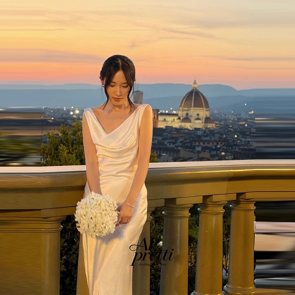 AP Pretti Simple Satin Korea Wedding Dress Photo Shoot Straight Court Train Customized Bridal Gown Outdoor Weddings 웨딩드레스