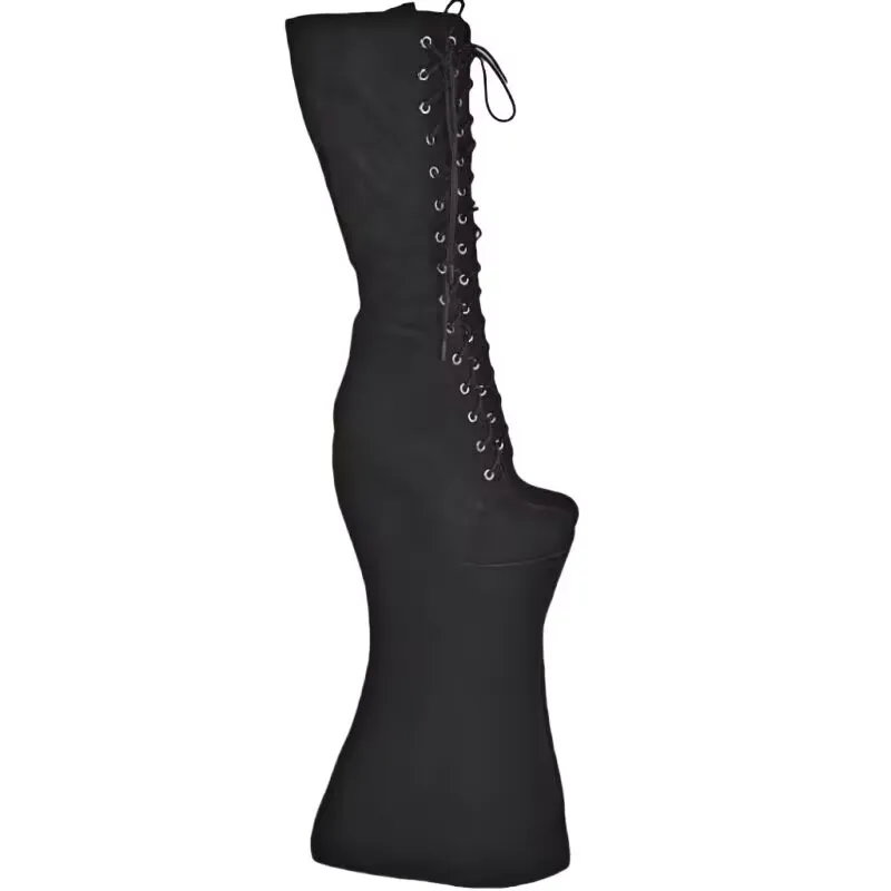 

DIZHUANG Сексуальные женские сапоги на высоком каблуке. Высота каблука около 40 см. Сверхвысоко странная база. Черные сапоги до колена на шнуровке.