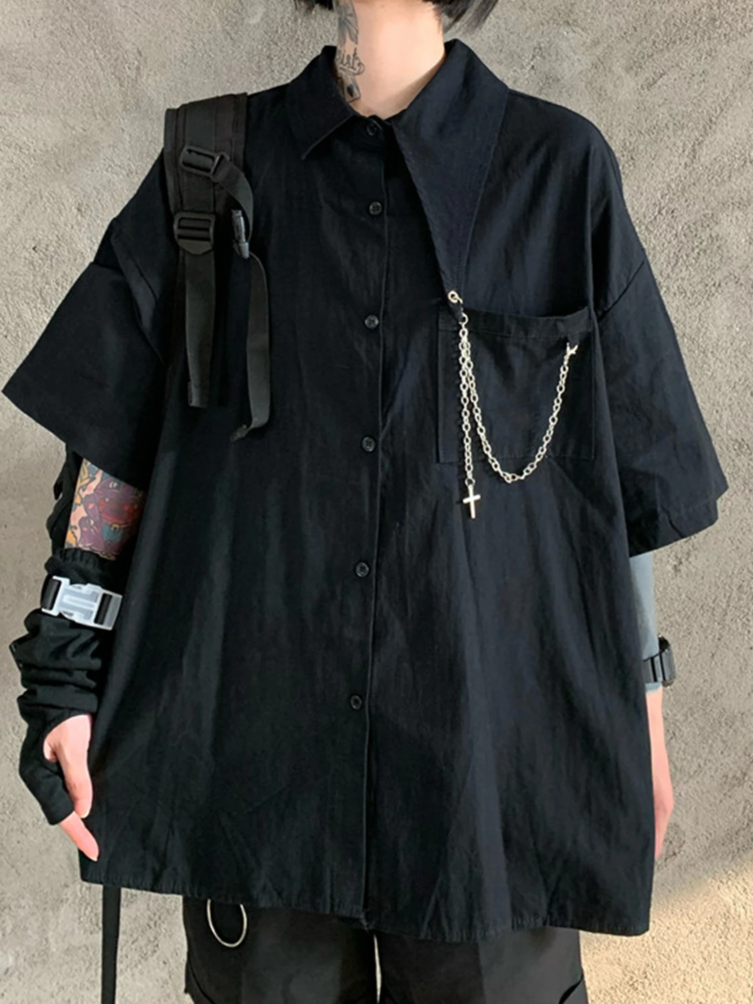 Women's Black Gothic Dark Blouses and Shirts Vintage Cargo Short Sleeve Shirt Y2k Gyaru Oversize Shirt Coat Top for Women Summer - view 2