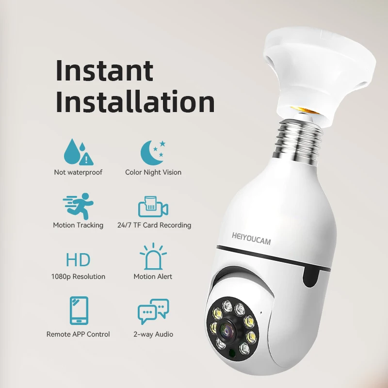 Light Bulb Security Camera, 2.4 GHz WiFi 1080p Indoor Outdoor Camera for Baby/Elder/Pet, E27 Light Socket Camera with 360° View