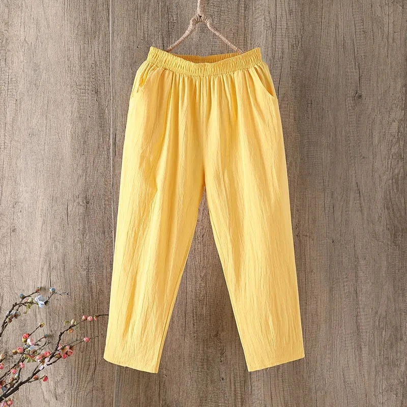 Fashion Cotton Linen Harem Pants Women Summer Loose  4XL Solid Color Pants High Waist Elastic Female Ankle-length Pants