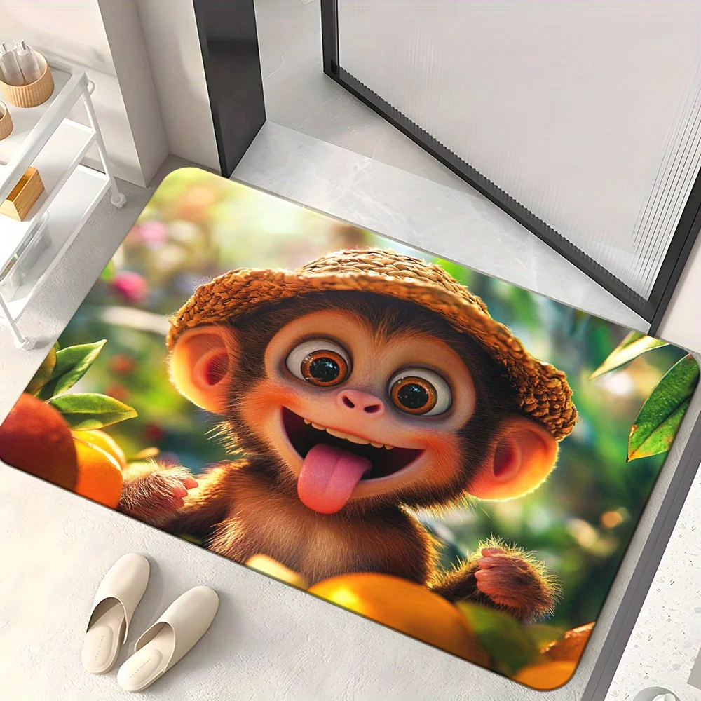 1pc, HD Printed Monkey Door Mat, Non-Slip Bathroom Floor Mats, Microfiber Absorbent Polyester Rug Suitable for Bedroom, Living